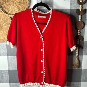 Red Crochet-Trim V-Neck Cardigan Top